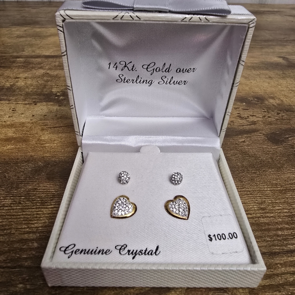New 14kt Gold Over Sterling Silver Genuine Crystal Heart Earrings Set